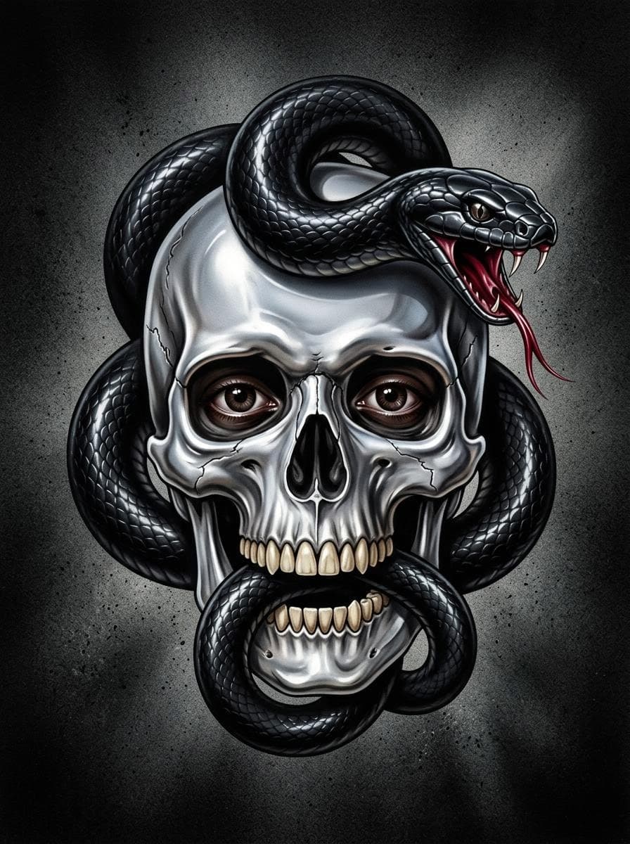AI generated: A highly detailed 1980s airbrush-style illustration of a glossy black serpent wrapped around a smoot...