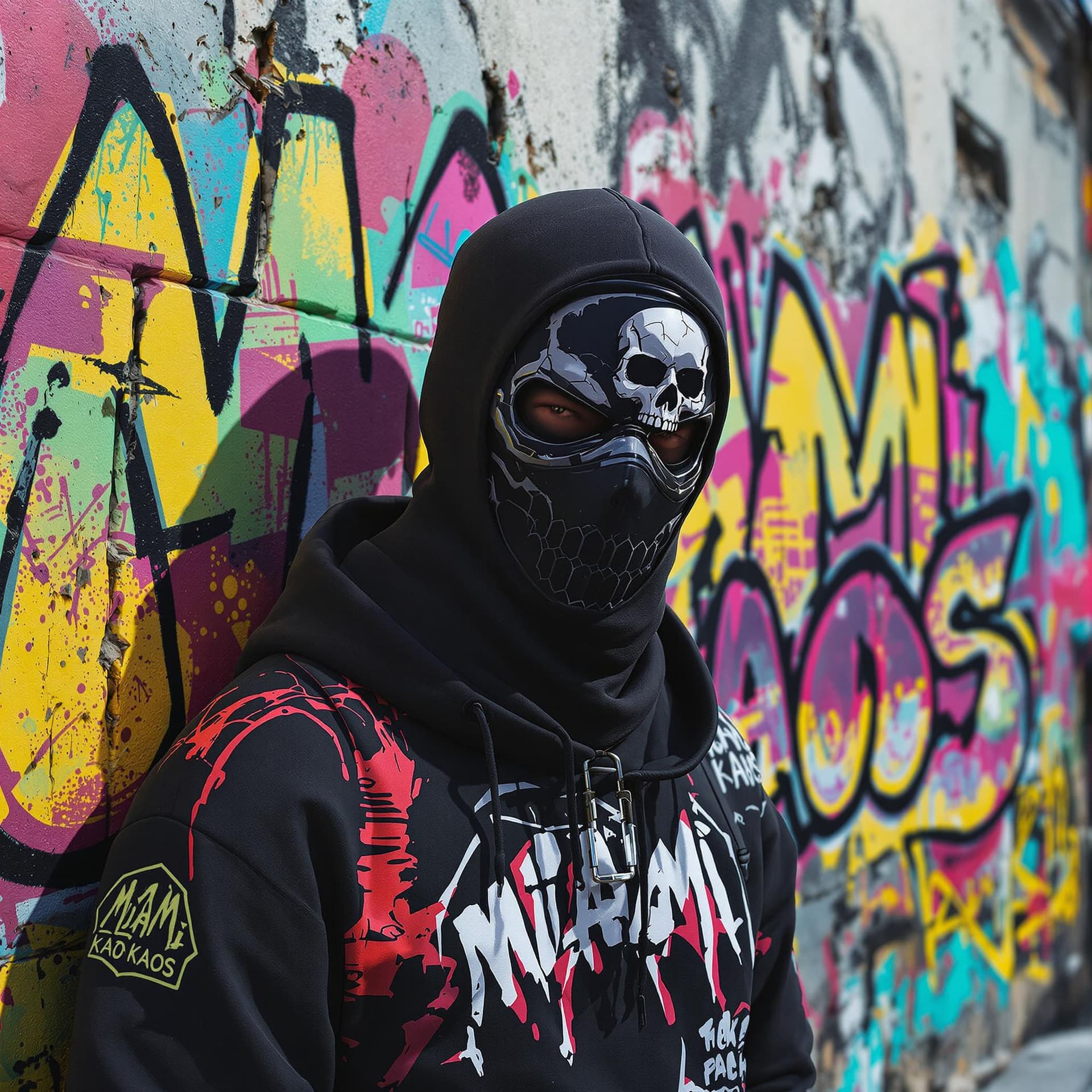 AI generated: 3d illustration anime styled graffiti anime character wearing a dark ski mask with a skull on it in ...
