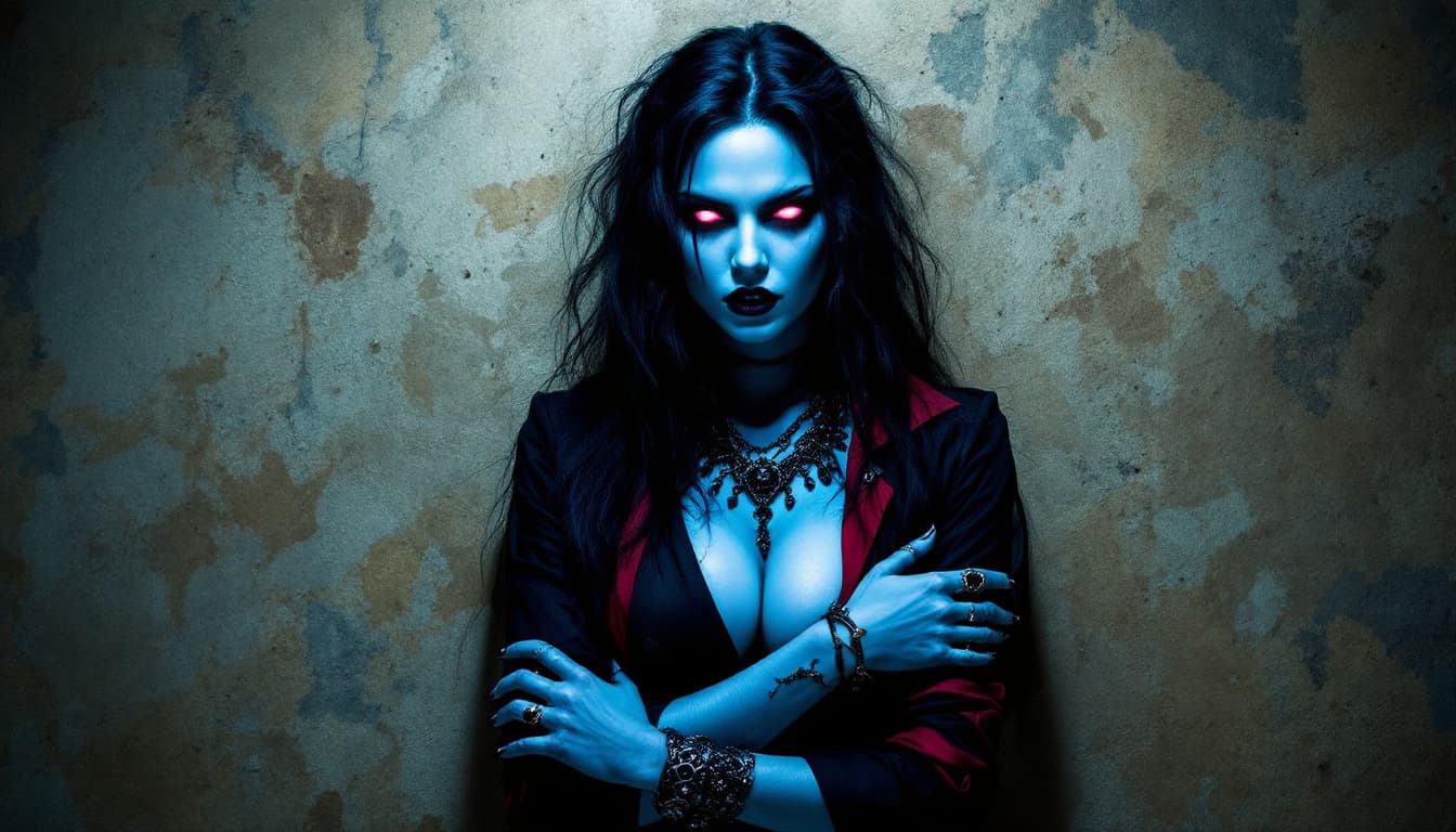 AI generated: a fantasy woman with a dark and mysterious appearance, standing in front of a worn and weathered wal...