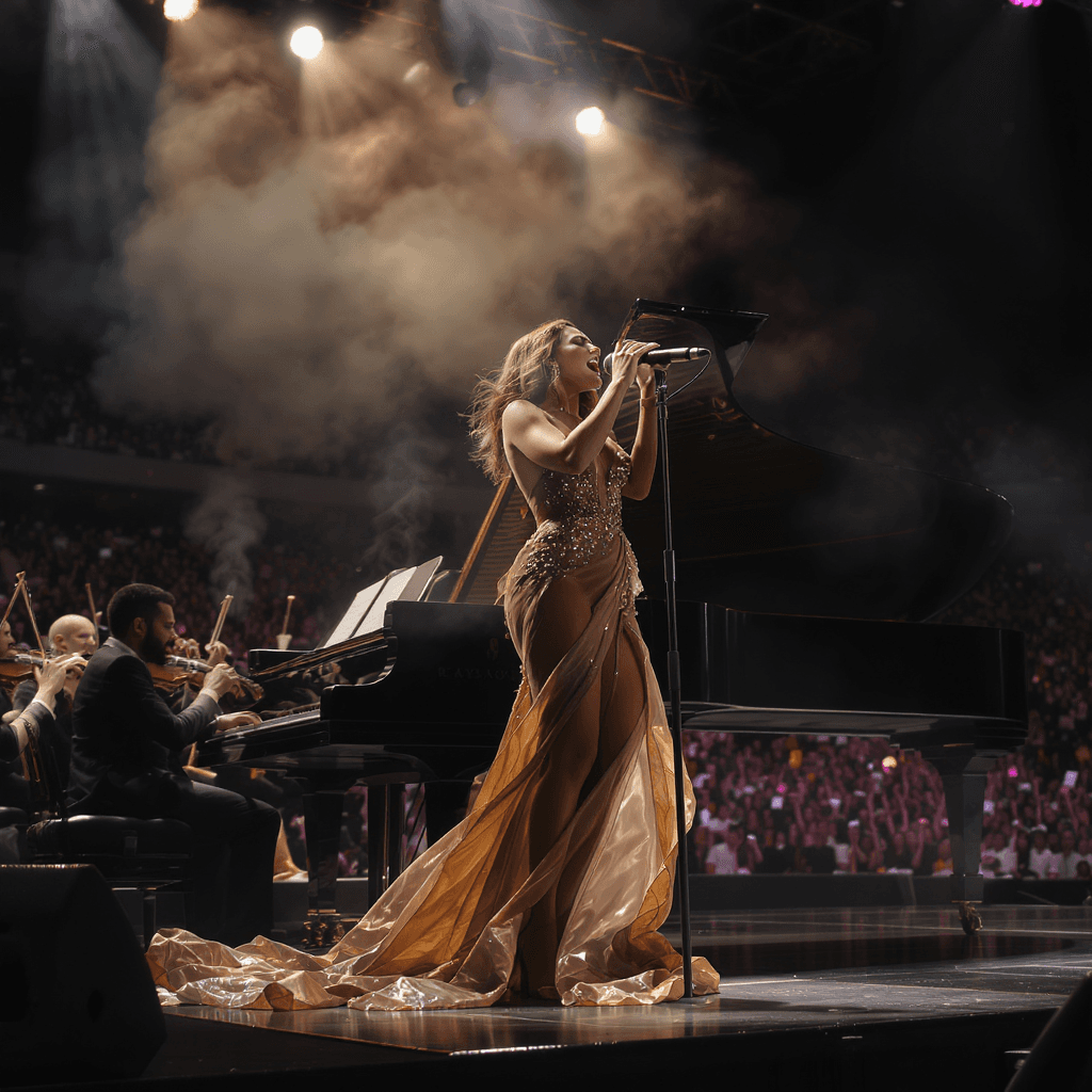 AI generated: Epic female pop/R&B singer on stage, powerful emotional performance, singing a dramatic power ballad...