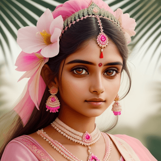 AI generated: Indian princess wearing a pink saree, with white skin and flower in her hair,, close up face 