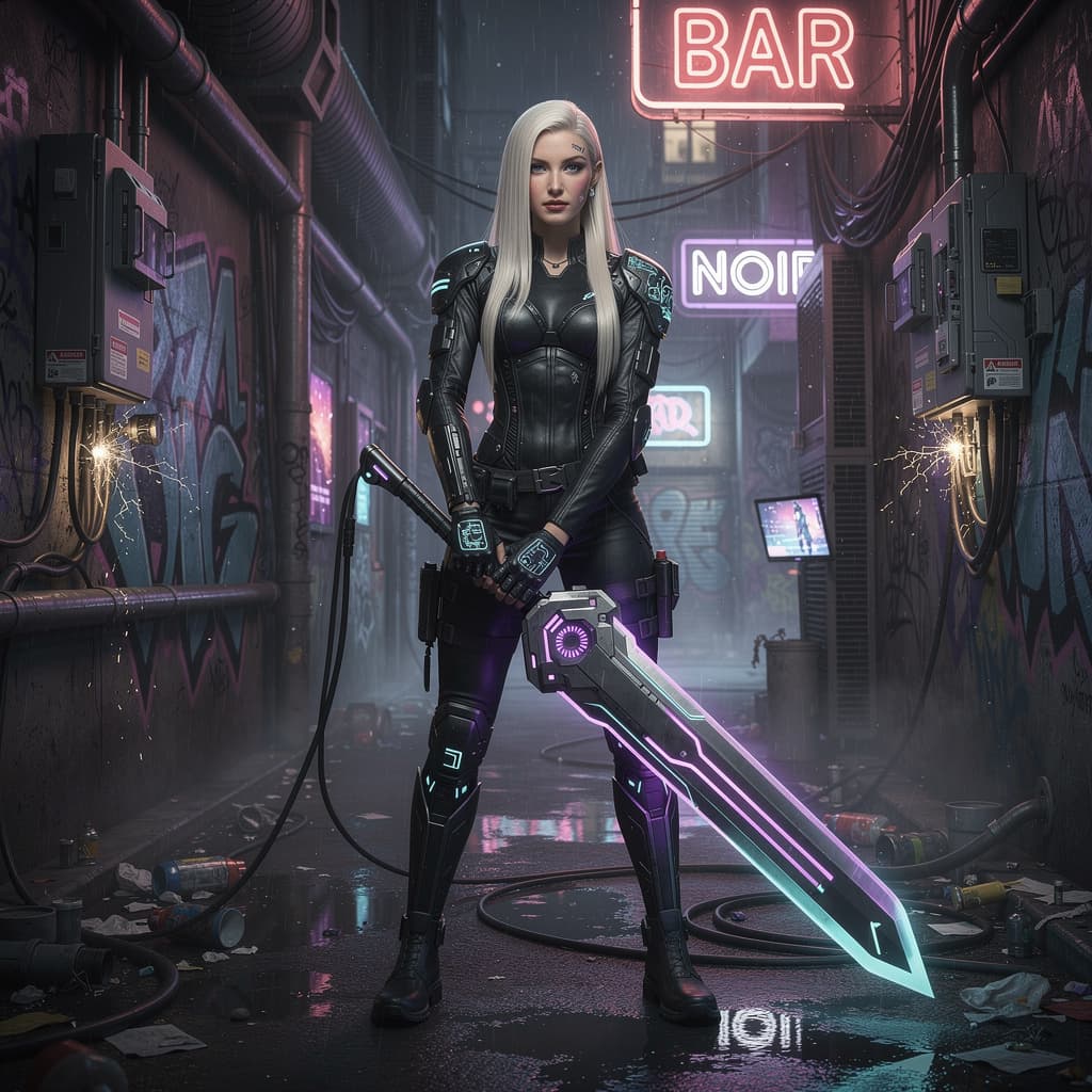 AI generated: A futuristic cyberpunk female warrior with long, platinum blonde hair, wearing a black leather cropp...