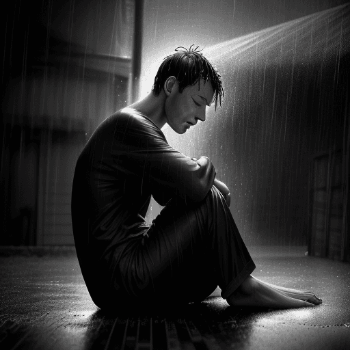 AI generated: 3/4 shot, black and white photograph, a man, side view, sitting on the ground in his backyard during...