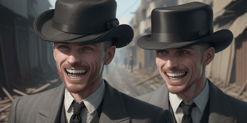 AI generated: photo of (TCr3ws:1), a man as a Peaky blinder, (laughing with bare teeth:1.3), (face focus), modelsh...