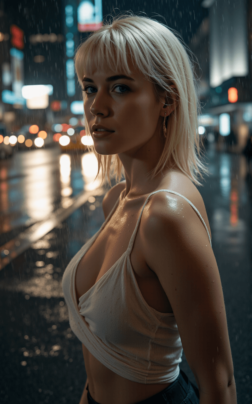 AI generated: A luminous woman strides through a rain-slicked city street, shoulder-length blonde hair cut in a bl...