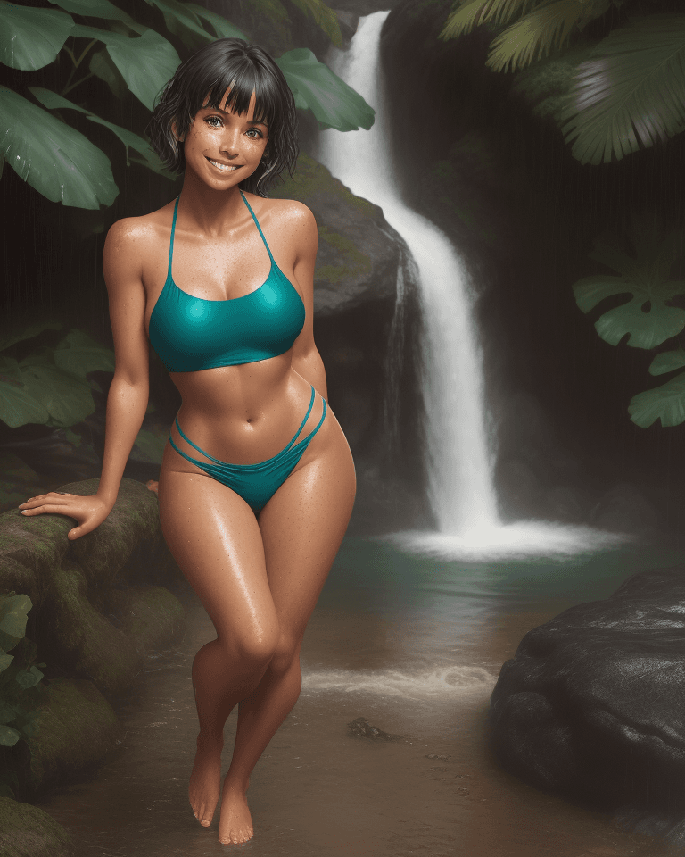 AI generated: Full body, Latina, tan, toned body, soaking wet, short dark teal hair with bangs, freckles, smiling,...