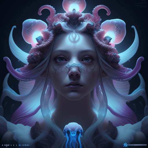 AI generated: Goddess close-up portrait ribcagel. jellyfish phoenix head, nautilus, orchid, skull, betta fish, bio...