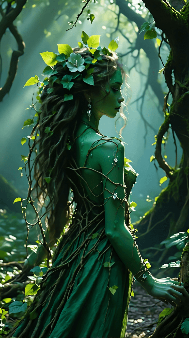 AI generated: A whimsical forest spirit, gliding through an ancient woodland, exudes playful mystery and deep conn...