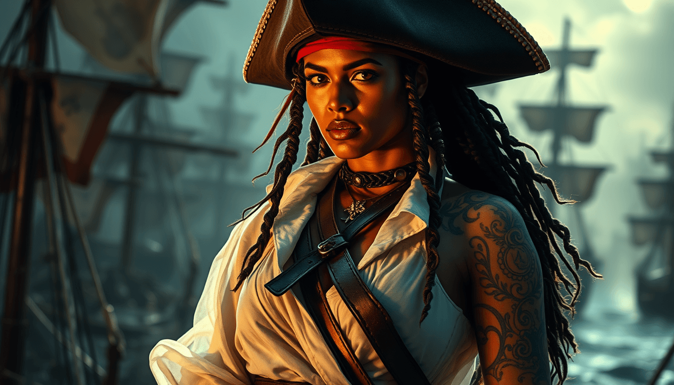 AI generated: Full body view A commanding Native female Caribbean pirate captain stands tall amidst the Pirate Cit...