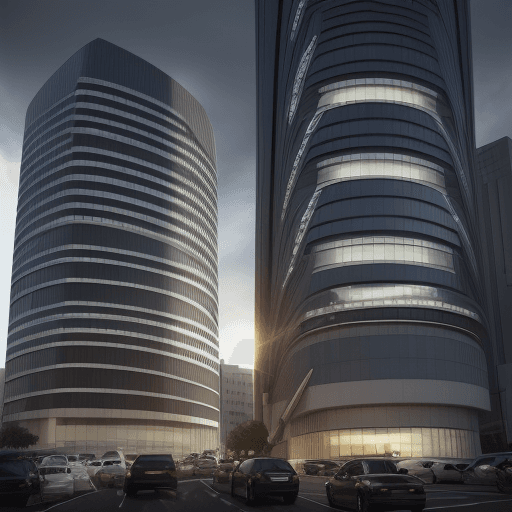 AI generated: photorealistic, canon EOS 5d, minimalistic medium scale office building 6 floors, curved, geometric ...