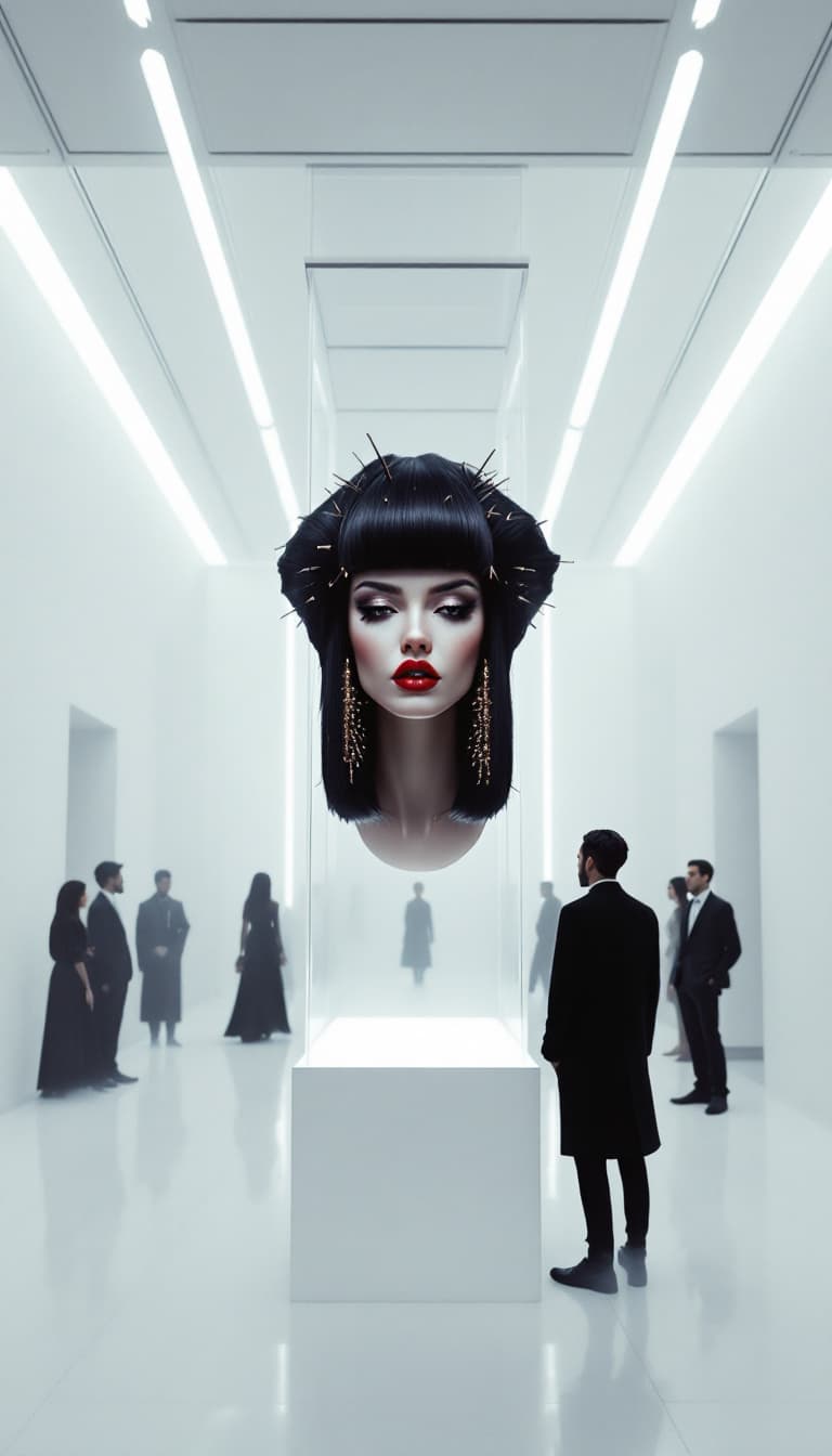 AI generated: A futuristic museum hall filled with a soft, drifting haze of smoke. The entire space, including the...