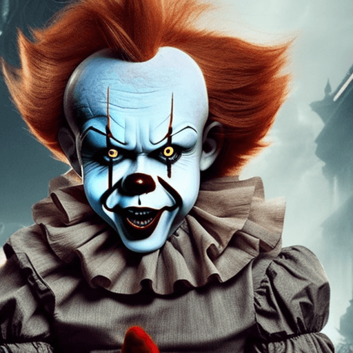 AI generated: A [ Full Body ] Scary Chucky wearing a pennywise costume, fantasy, photorealistic, highly detailed, ...