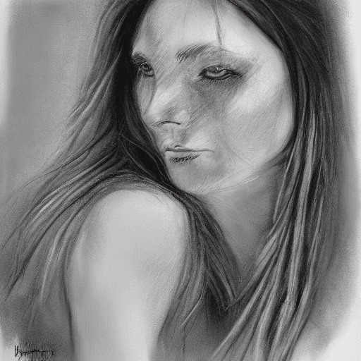 AI generated: The image is a black and white charcoal painting of a woman with long hair. The artist has skillfull...