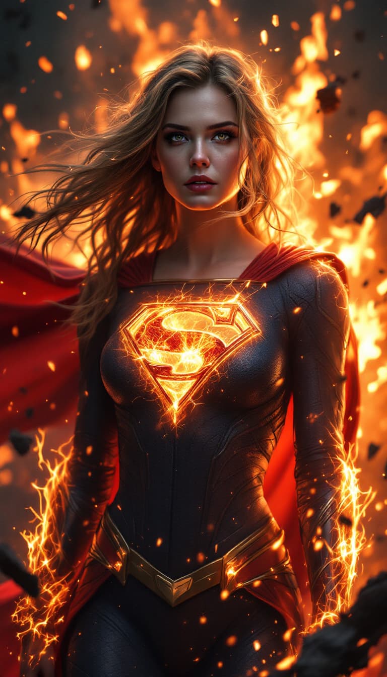 AI generated: Envision a fully body portrait of a supergirl  rising from the ashes, villain, burning, sharp focus,...