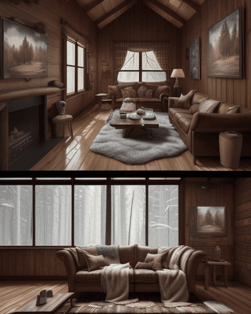 AI generated: a dreamhouse cabin, in the woods, interior design, cozy, couch, throw blankets, fur rug, large windo...