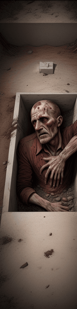 AI generated: A man rotting in his own grave (He doesn't want to come out of his grave) , red and brown tones . hy...