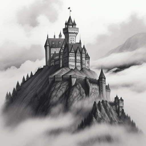AI generated:  ink sketch of medieval castle on a mountain top with mist and clouds