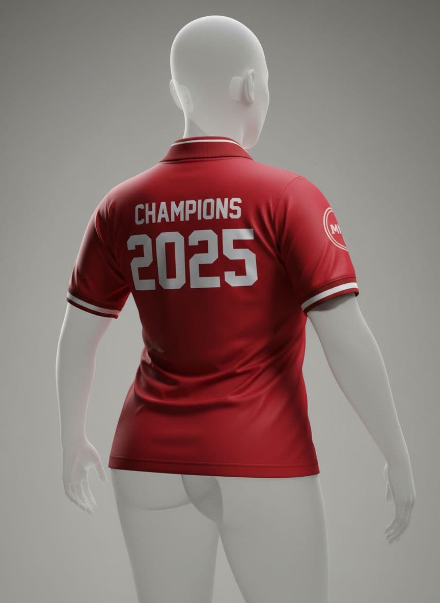 AI generated: A black African chubby  female body type realistic 3D mock-up of a red soccer jersey in a rear-view ...
