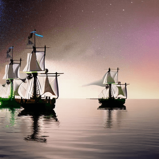 AI generated: (Pirate ship sailing into a bioluminescence sea with a galaxy in the sky), epic, 4k, ultra,