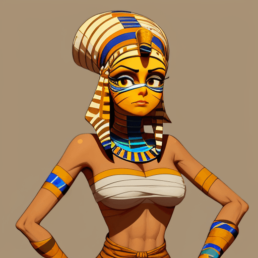 AI generated: A cartoon-style character design of an Egyptian mummy girl, with her arms crossed and wearing tradit...