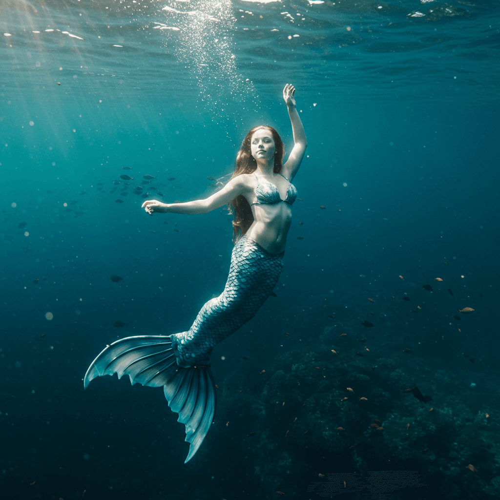 AI generated: stunning underwater photo of a breathtaking mermaid in a dynamic pose, centered against a vibrant de...