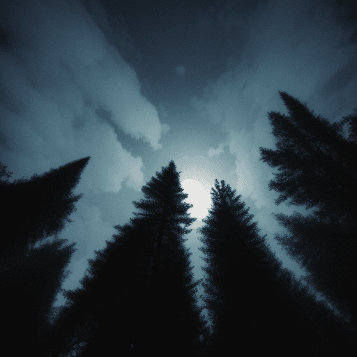 AI generated: Bright night, high in the forest, looking up at the sky, the moon is high above, there are several w...
