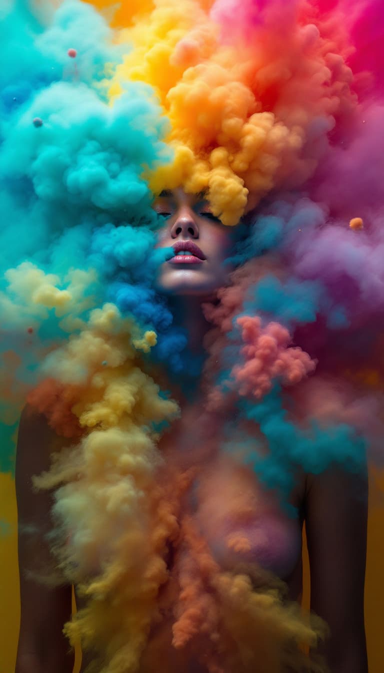 AI generated: A dynamic, waist-up portrait of a woman, her face and upper body surrounded by a chaotic burst of vi...