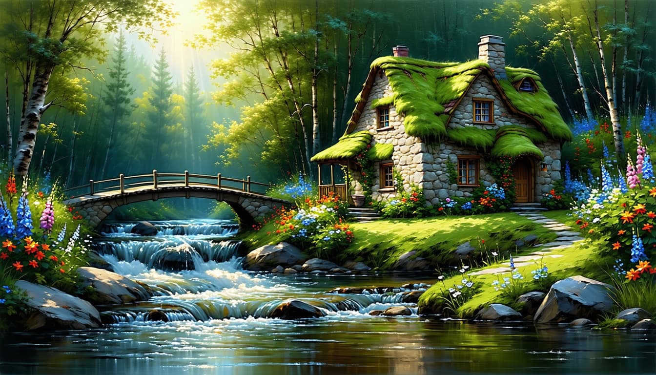 AI generated: A secluded, moss-covered stone cottage nestled beside a gently flowing river, bathed in the warm, go...