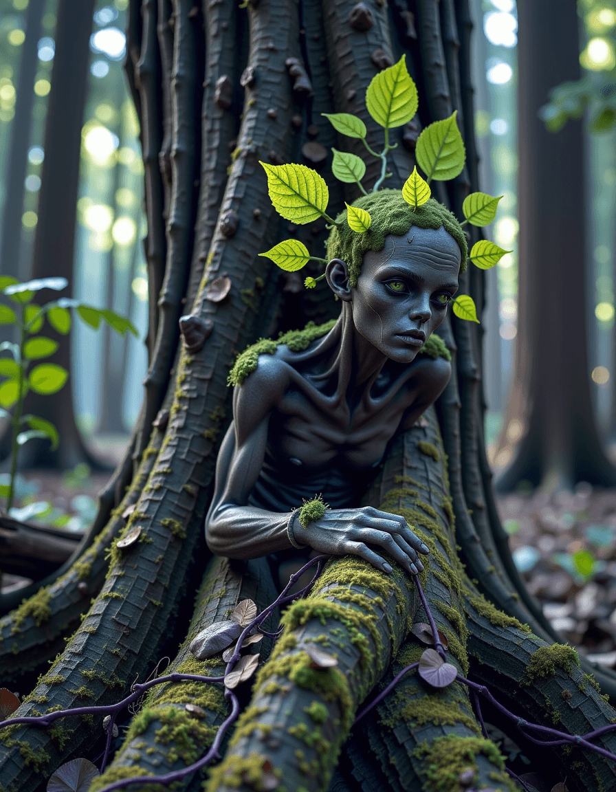 AI generated: Ancient nature spirit or dryad emerging from the bark of a colossal, mossy tree. Its form is a beaut...