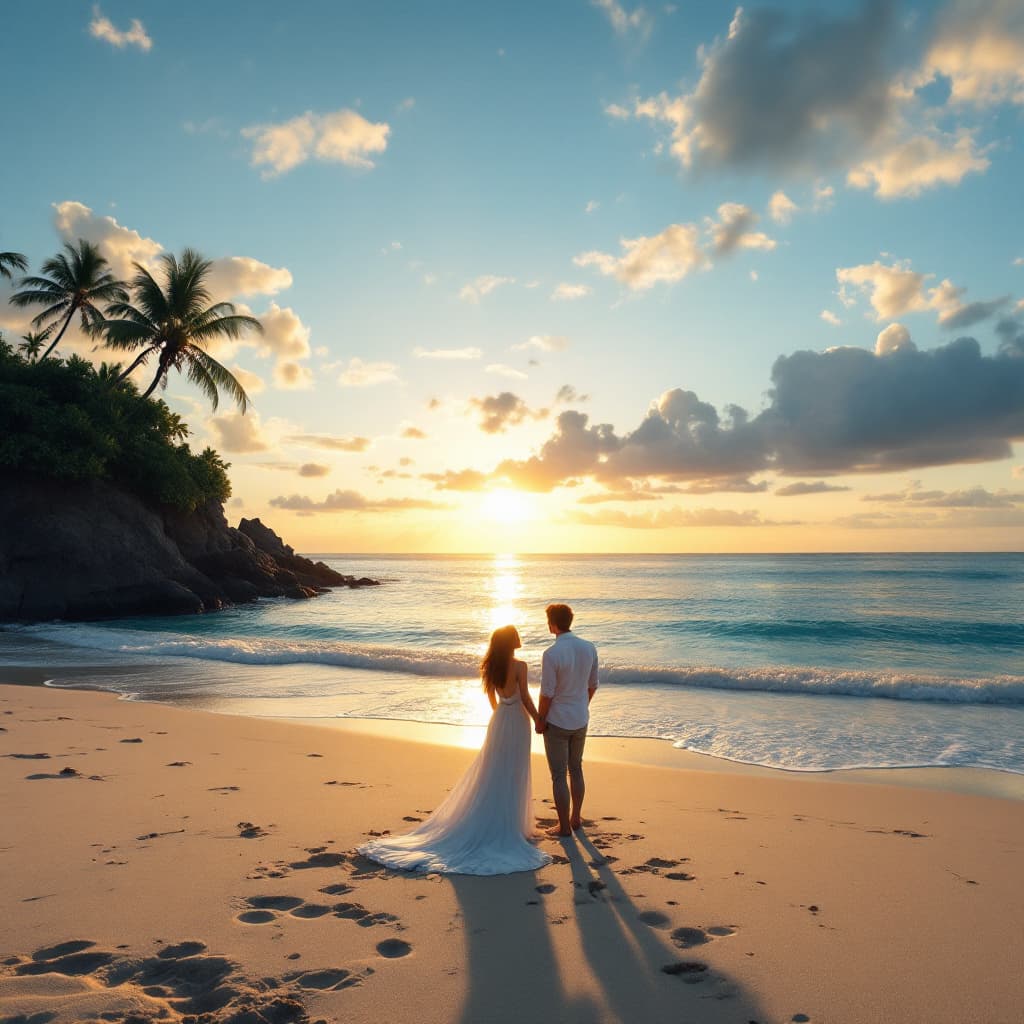 AI generated: "A young married couple, chasing the sunset, wants to capture the lovely view before the sun disappe...