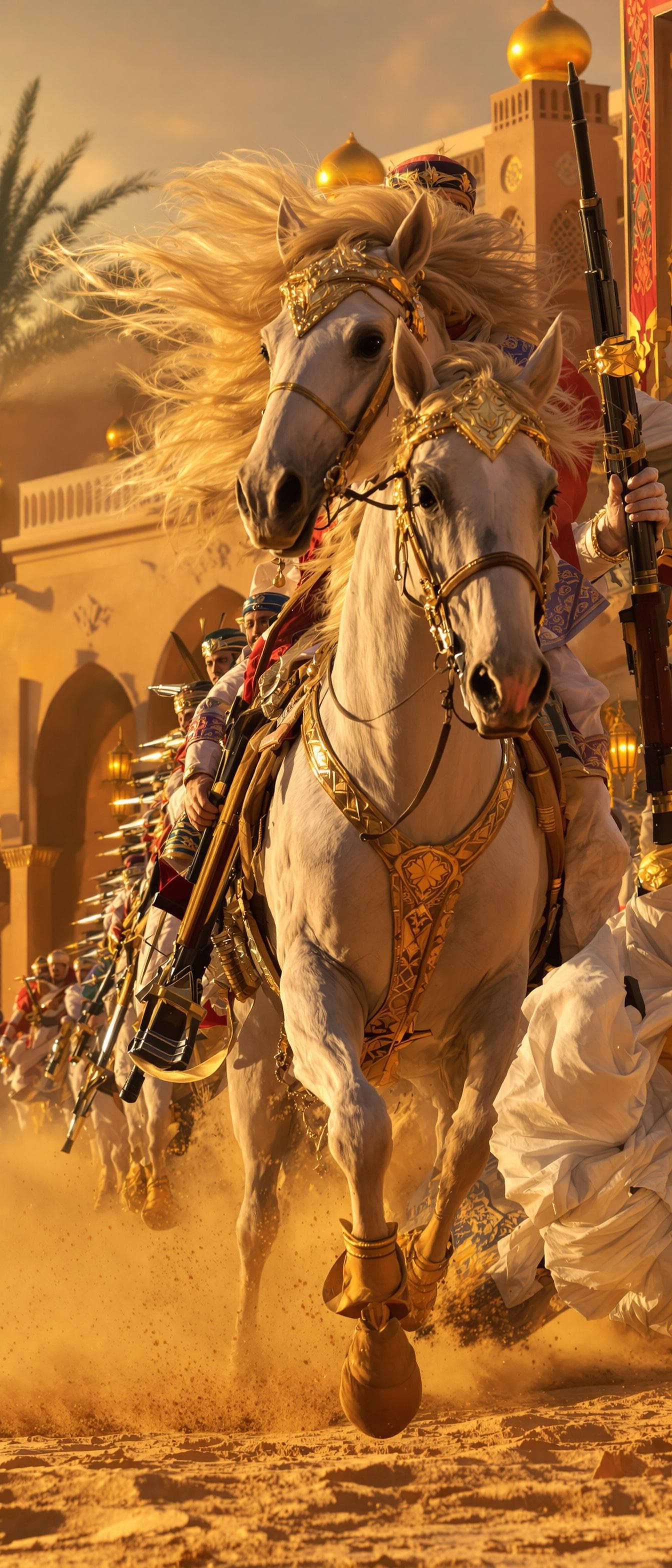 AI generated: A majestic Arabian stallion, adorned with an ornate golden saddle and intricate embroidered fabric, ...