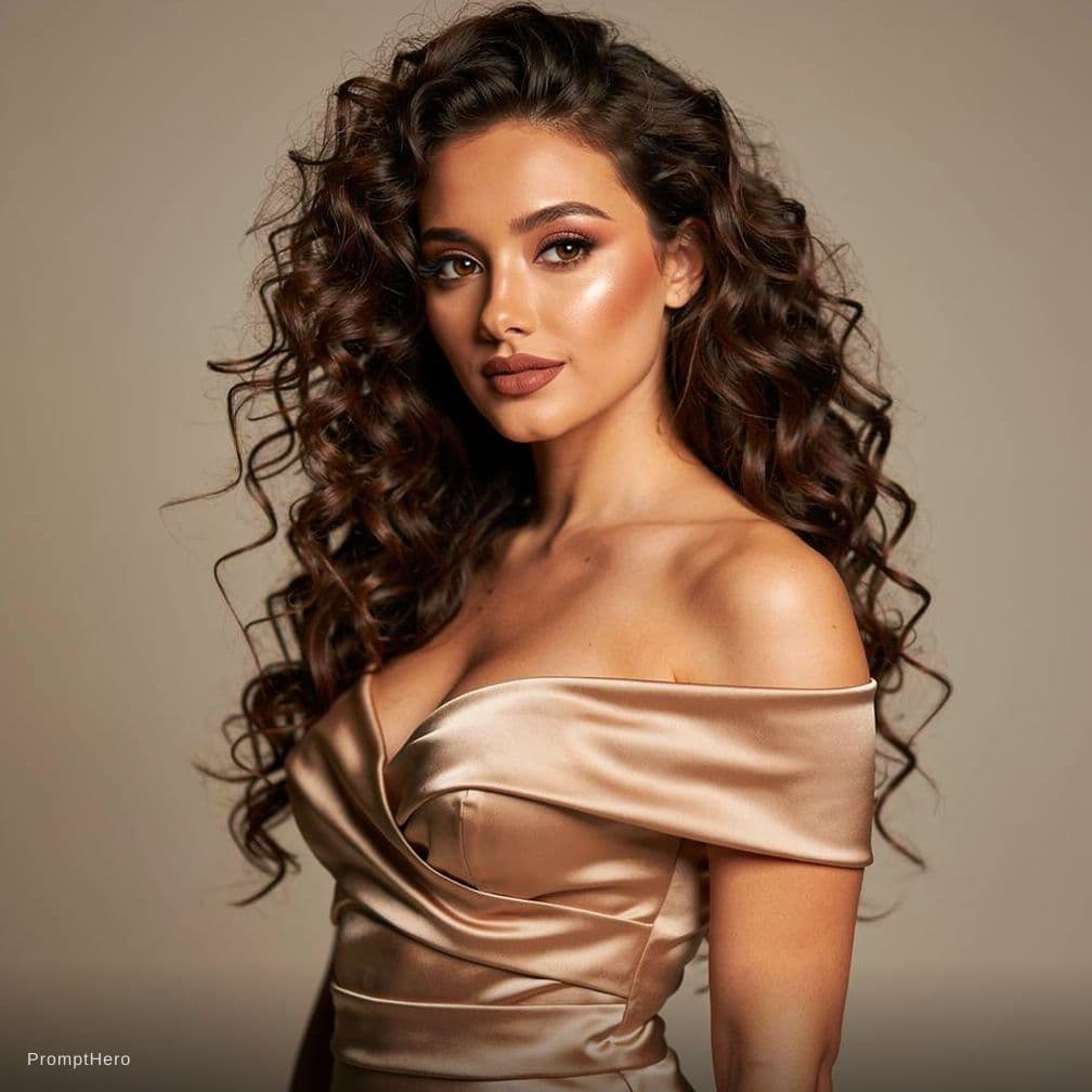 AI generated: A beautiful nude brunette with long curly hair, brown clear eyes, hourglass figure facing the camera