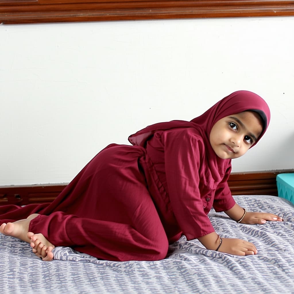 AI generated: A tiny super young Muslim Pakistani girl, as she lays on her back on a bed, wearing a deep red color...