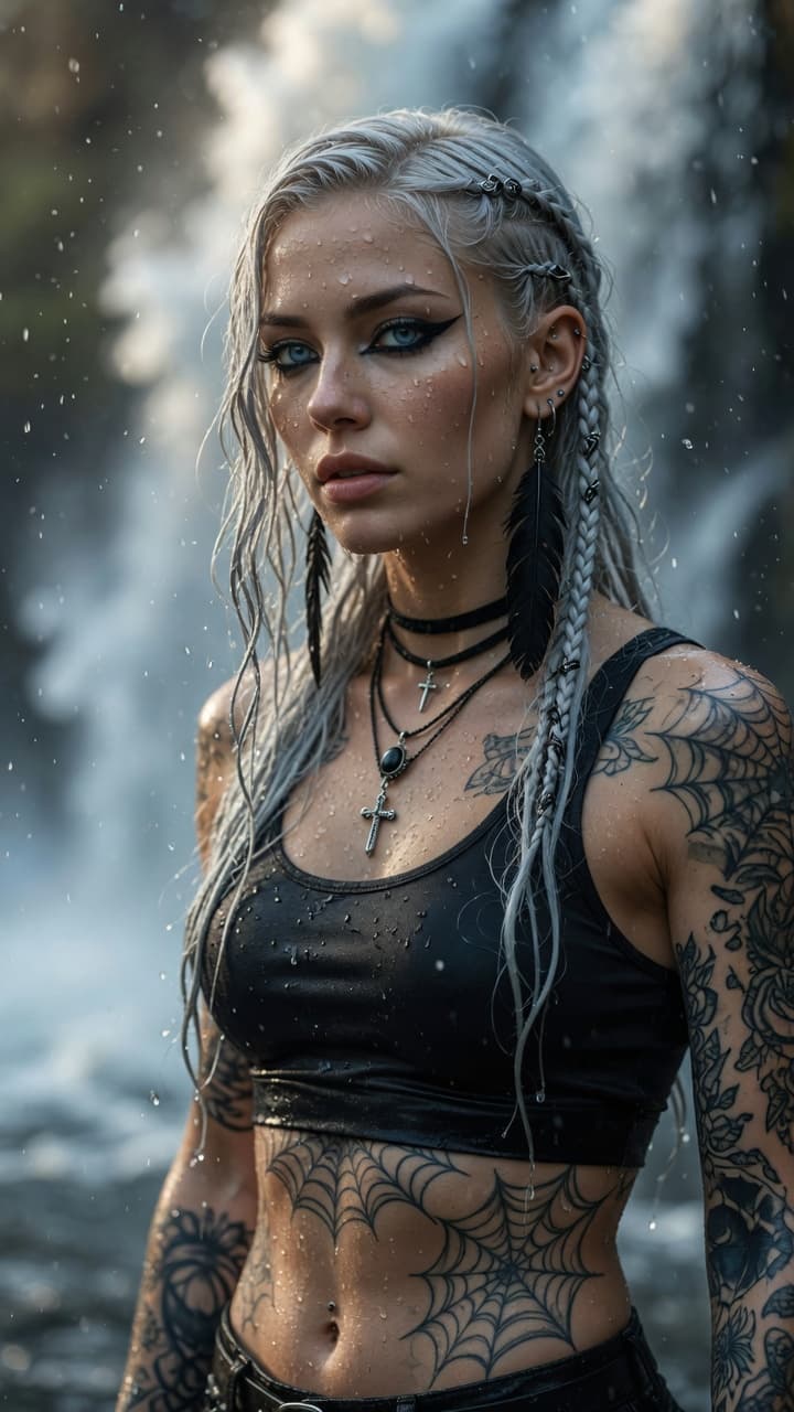 AI generated: Ultra-realistic portrait photography of a beautiful edgy young woman with striking features, long fl...