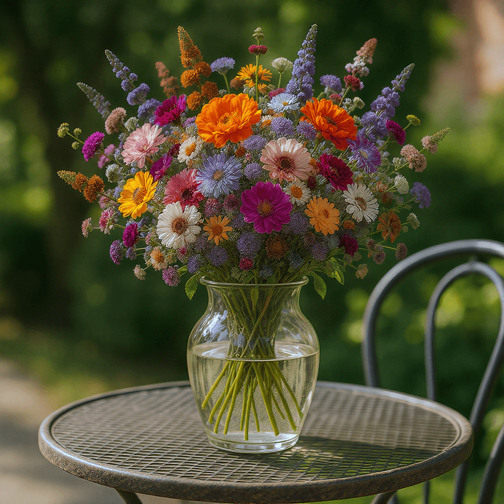 AI generated: Highly detailed image of a clear glass vase filled with colorful wild flowers sitting on top of a bi...