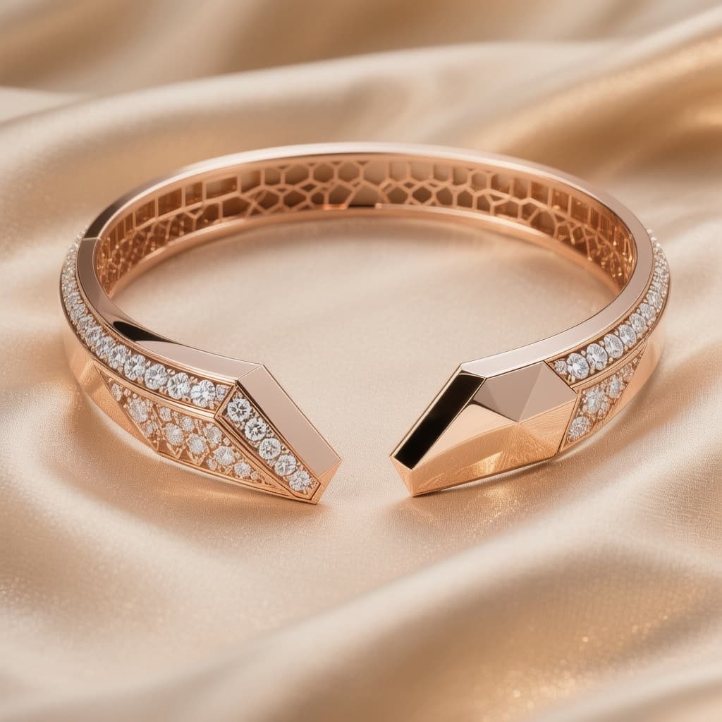 AI generated: Modern luxury open choker necklace in 18K rose gold inspired by futuristic geometric high jewelry de...