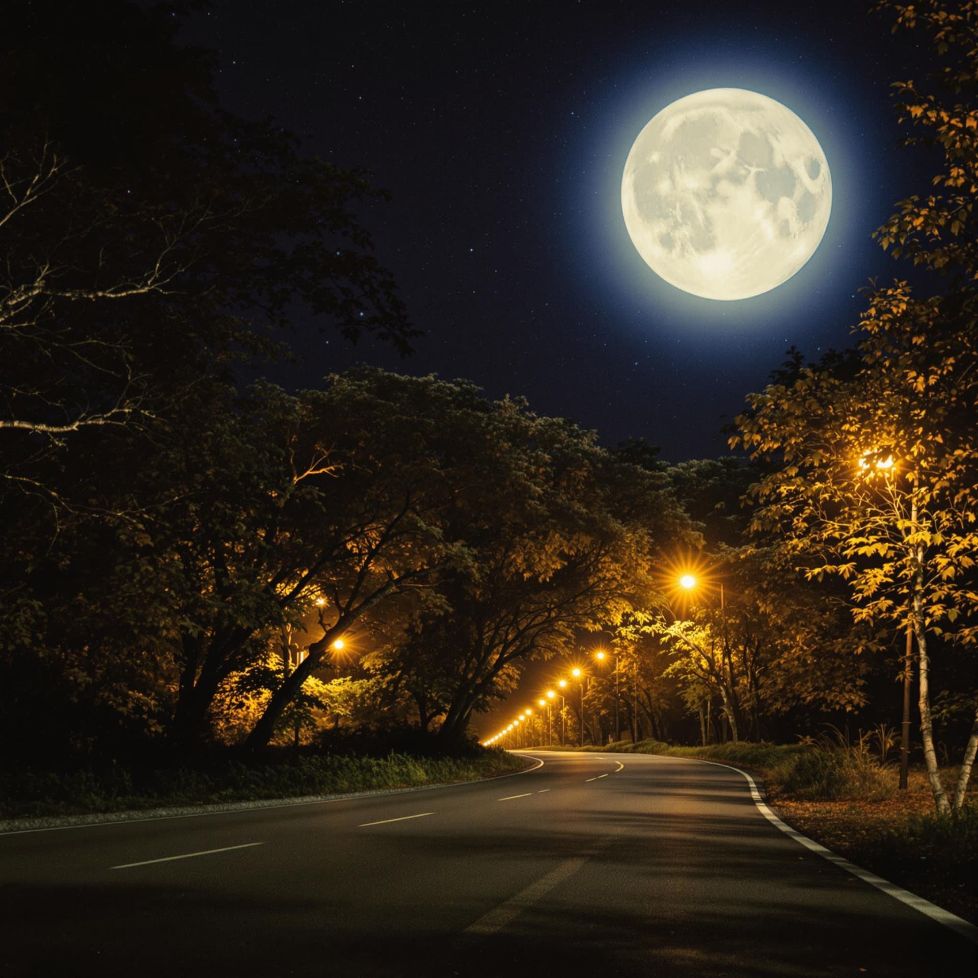 AI generated: a beautiful moon night empty road include trees