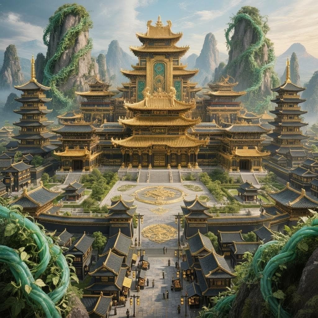 AI generated: create a village surrounding this placate with a black and gold theme with a few towering Chinese st...