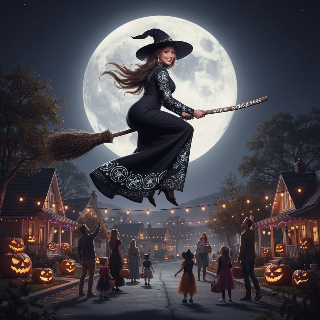 AI generated: ultrarealistic, fashion photography style, a beautiful, voluptuous witch in a long, form fitting gow...