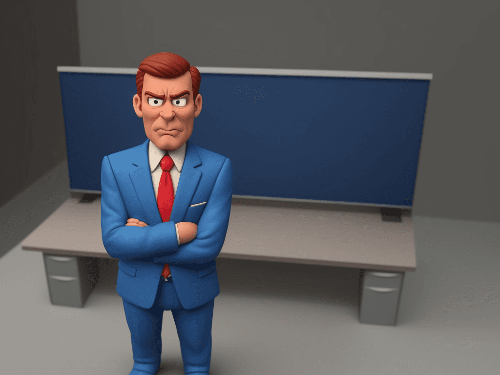 AI generated: Full length view, 50 year old man, boss-like, confident, friendly, arms crossed, wearing a blue suit...