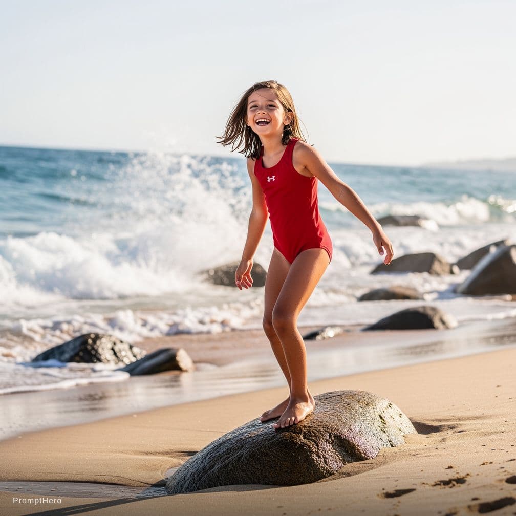 AI generated: Preteen girl, posing on rock on a beach, she is wearing a micro red bikini, best pose, having fun