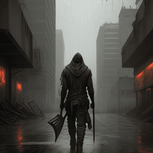 AI generated: post-apocalyptic city. hooded person with shovel from the back. rain