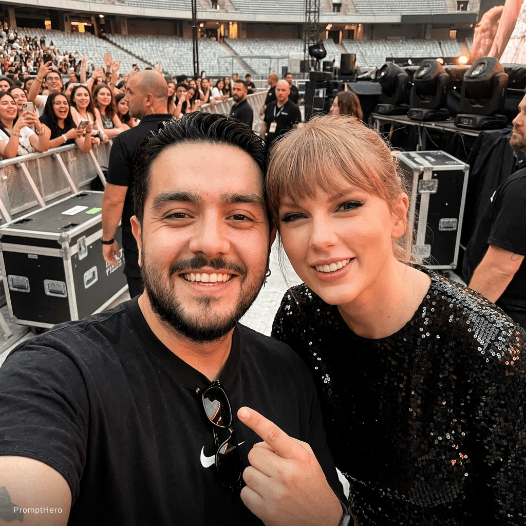 AI generated: with Taylor Swift backstage at a concert, excited fans vibe