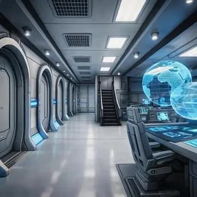 AI generated video: slow pan around the room, stopping at the beginning point. Looking around the area. cinematic tensio...