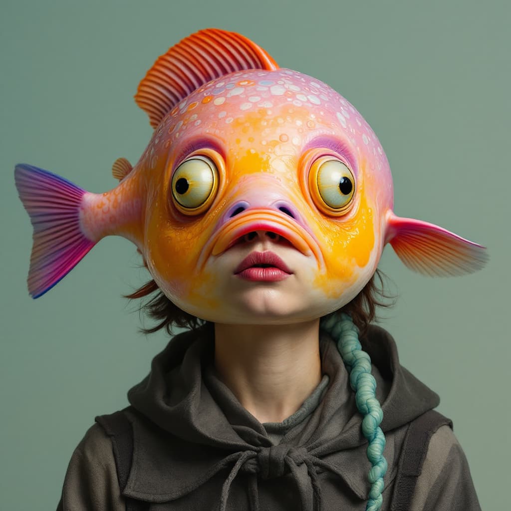 AI generated: woman wearing a puffer fish on her face, in the style of nicolas bruno, surreal comic scenes, jarrin...