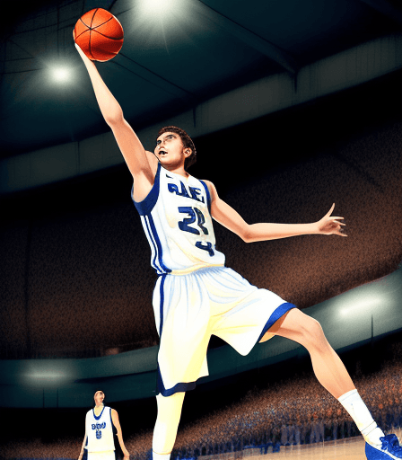 AI generated: mucha luz, en una cancha de basquetbol,  jugadores haciendo una gran jugada en colores azules, grise...