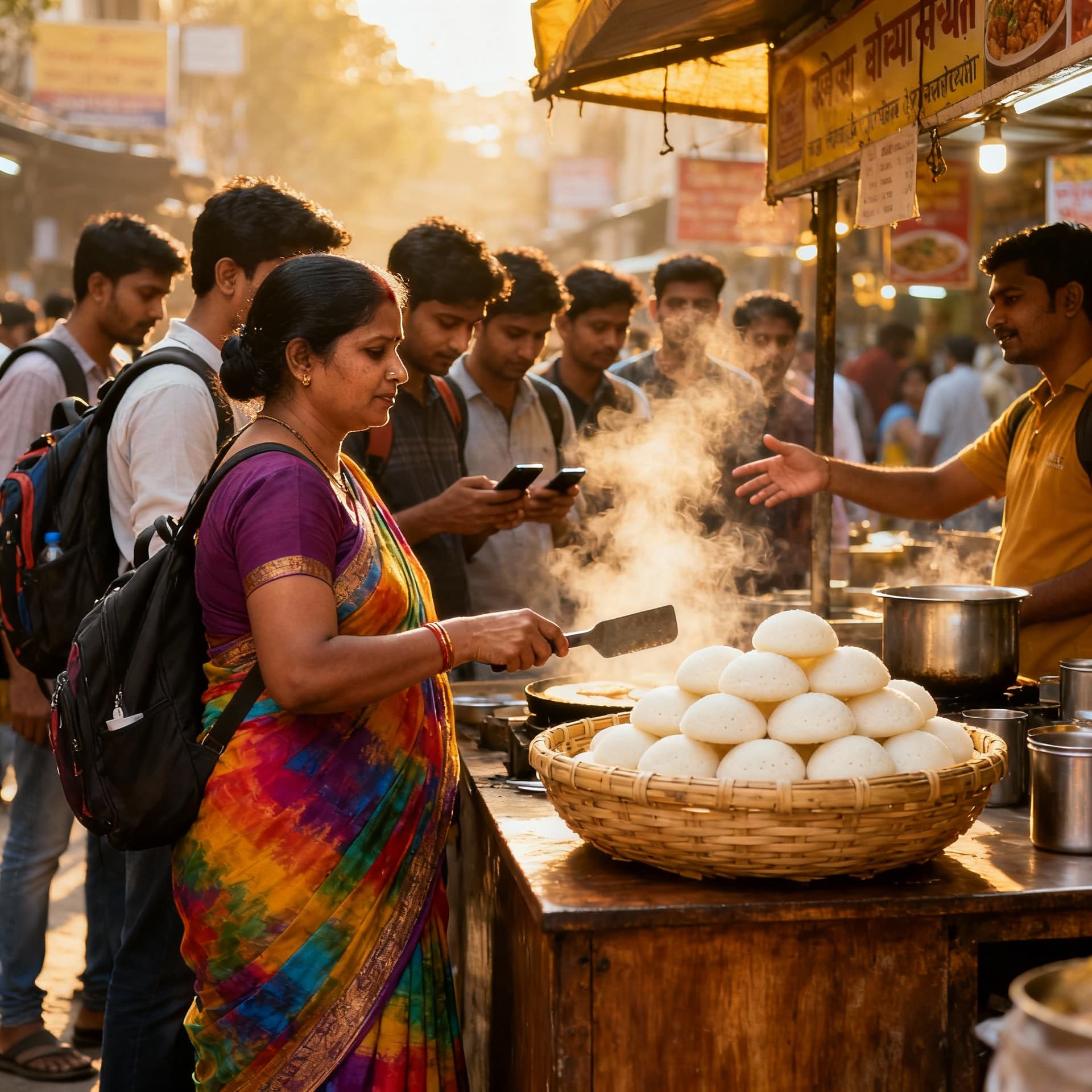 AI generated: Tea stall woman selling idli and lots of people waiting for food