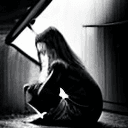 AI generated: 3/4 shot, black and white photograph, a woman, side view, sitting on the ground in her backyard duri...