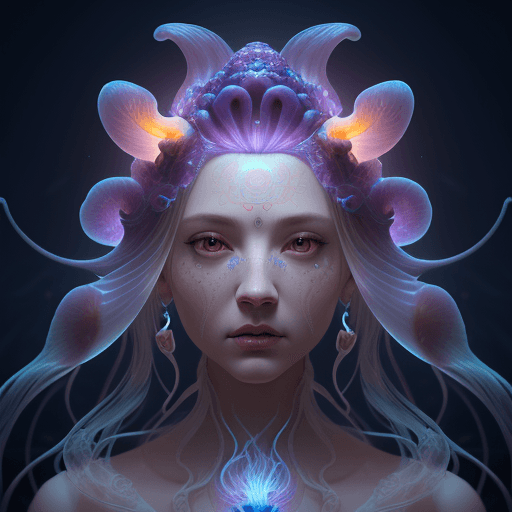 AI generated: Goddess close-up portrait ribcagel. jellyfish phoenix head, nautilus, orchid, skull, betta fish, bio...