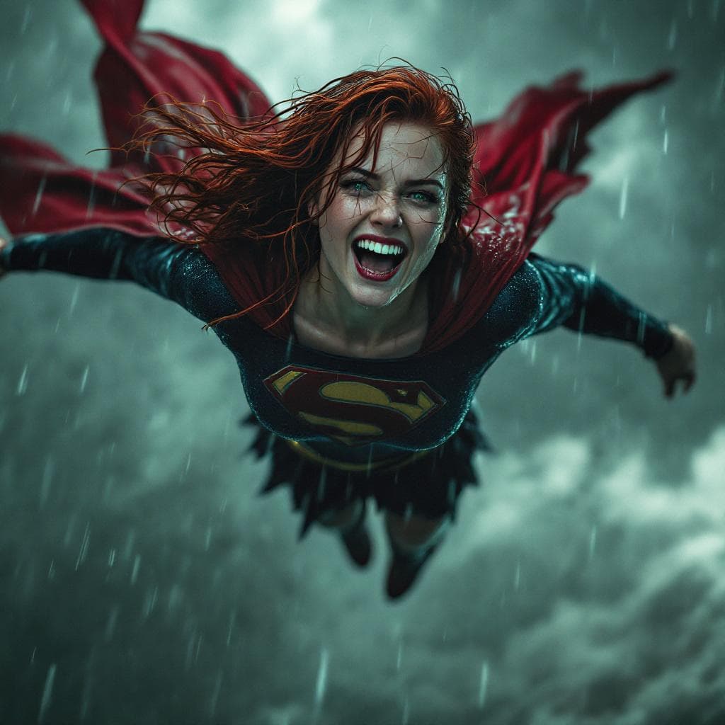 AI generated: Laura lynn flying through heavy rain, realistic lighting and atmosphere, wet hair clinging to her fa...